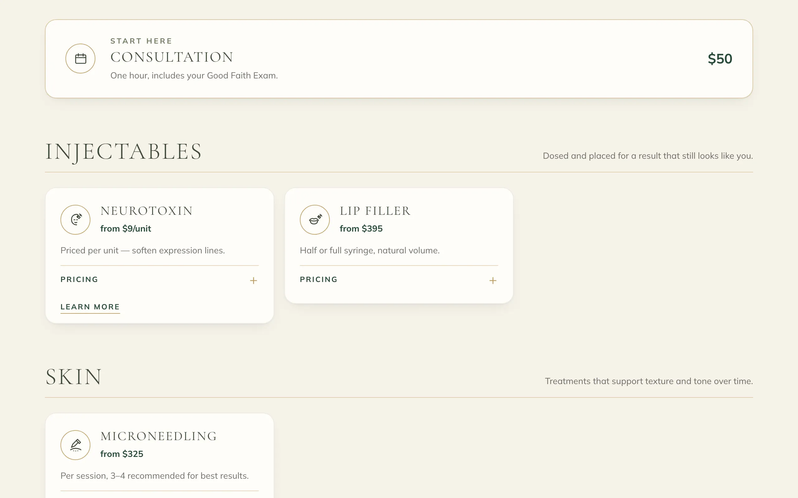 The RxAesthetics treatments and pricing page: the consultation at $50, then injectables, each treatment with its starting price.